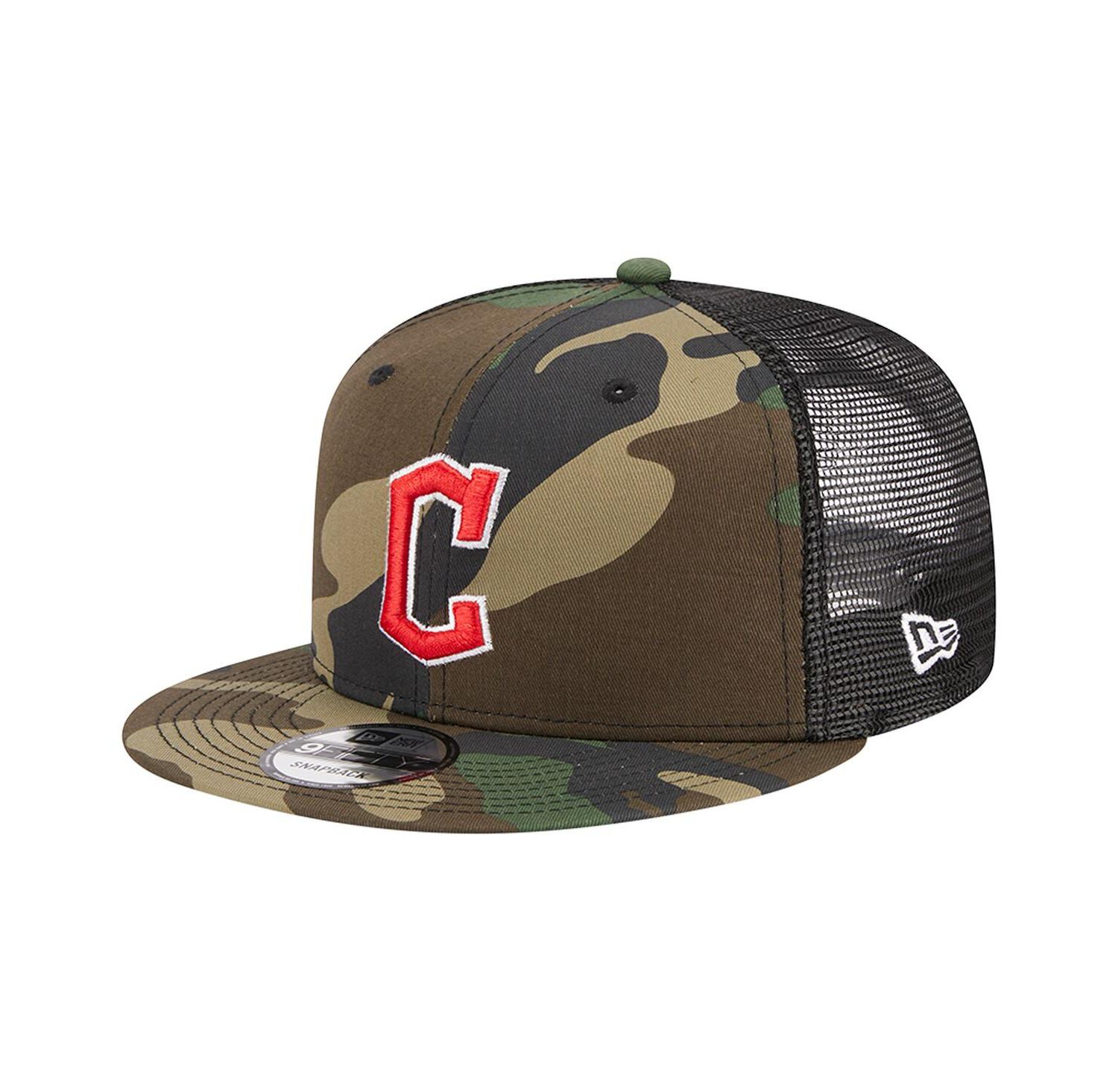 Men's Camo Cleveland Guardians Woodland Camo Trucker 9FIFTY Snapback Hat