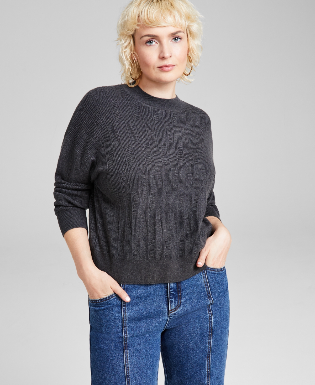 And Now This Women's Mockneck Sweater, Created For Macy's In Charcoal Heather