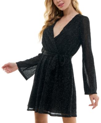 City Studios Juniors' Surplice-Neck Faux-Wrap Fit & Flare Glitter Dress -  Macy's