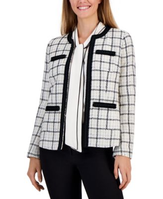 Anne Klein - Women's Four-Pocket Collarless Plaid Jacket