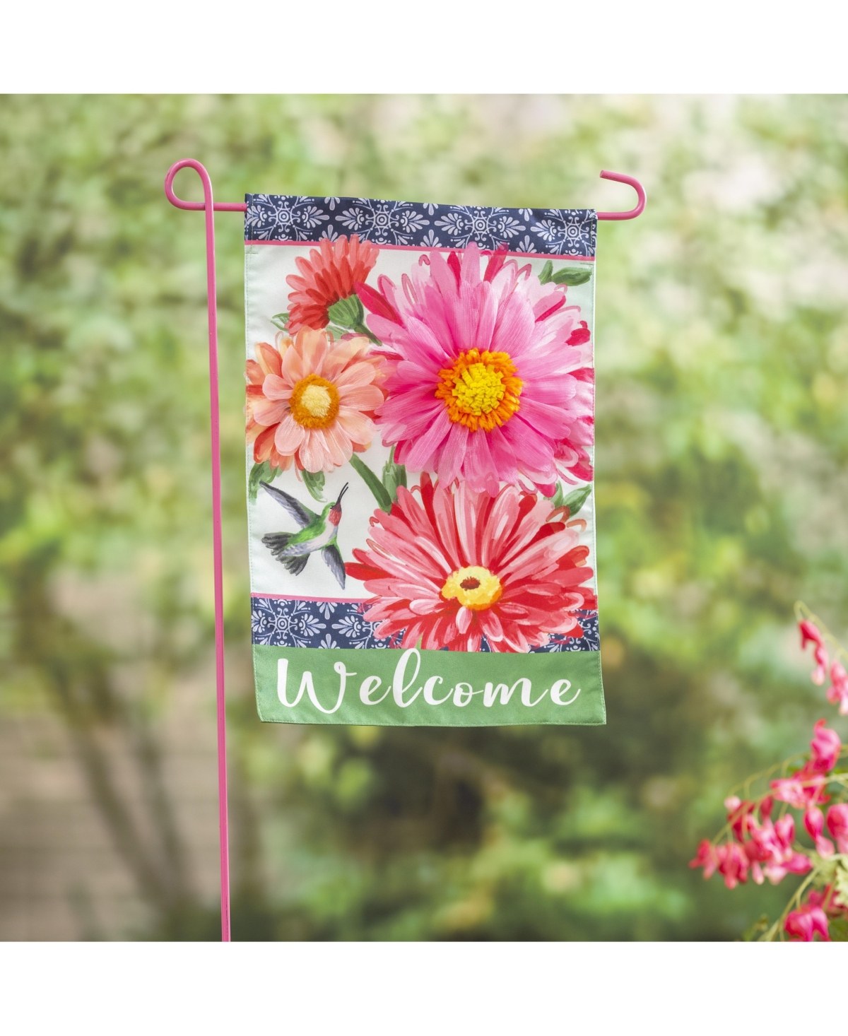 Evergreen Gerberas and Hummingbird Garden Linen Flag 12.5 x 18 Inches Indoor Outdoor Decor