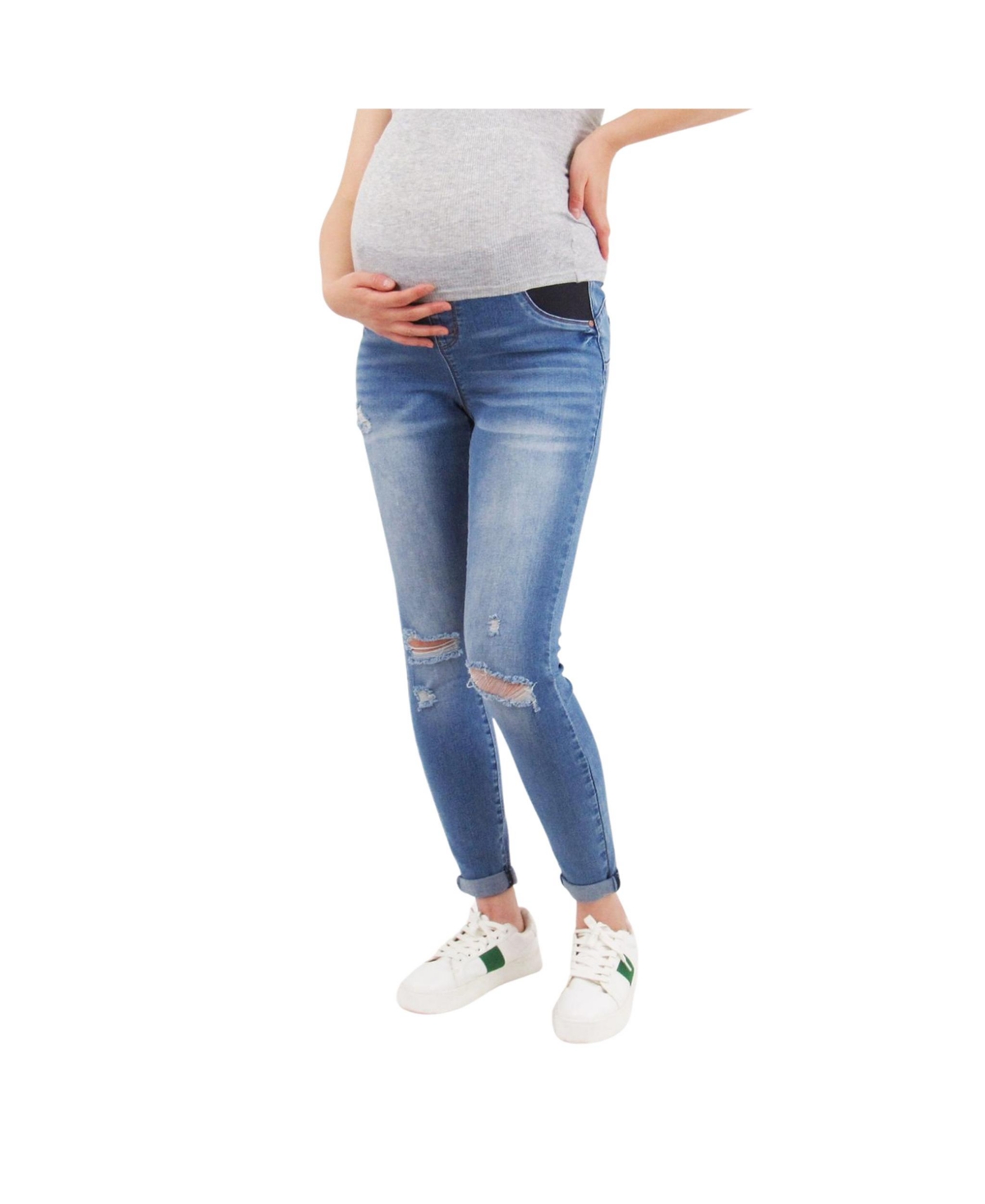 Maternity Light Wash Butt Lifter Distressed Jeans With Belly Band - Light wash