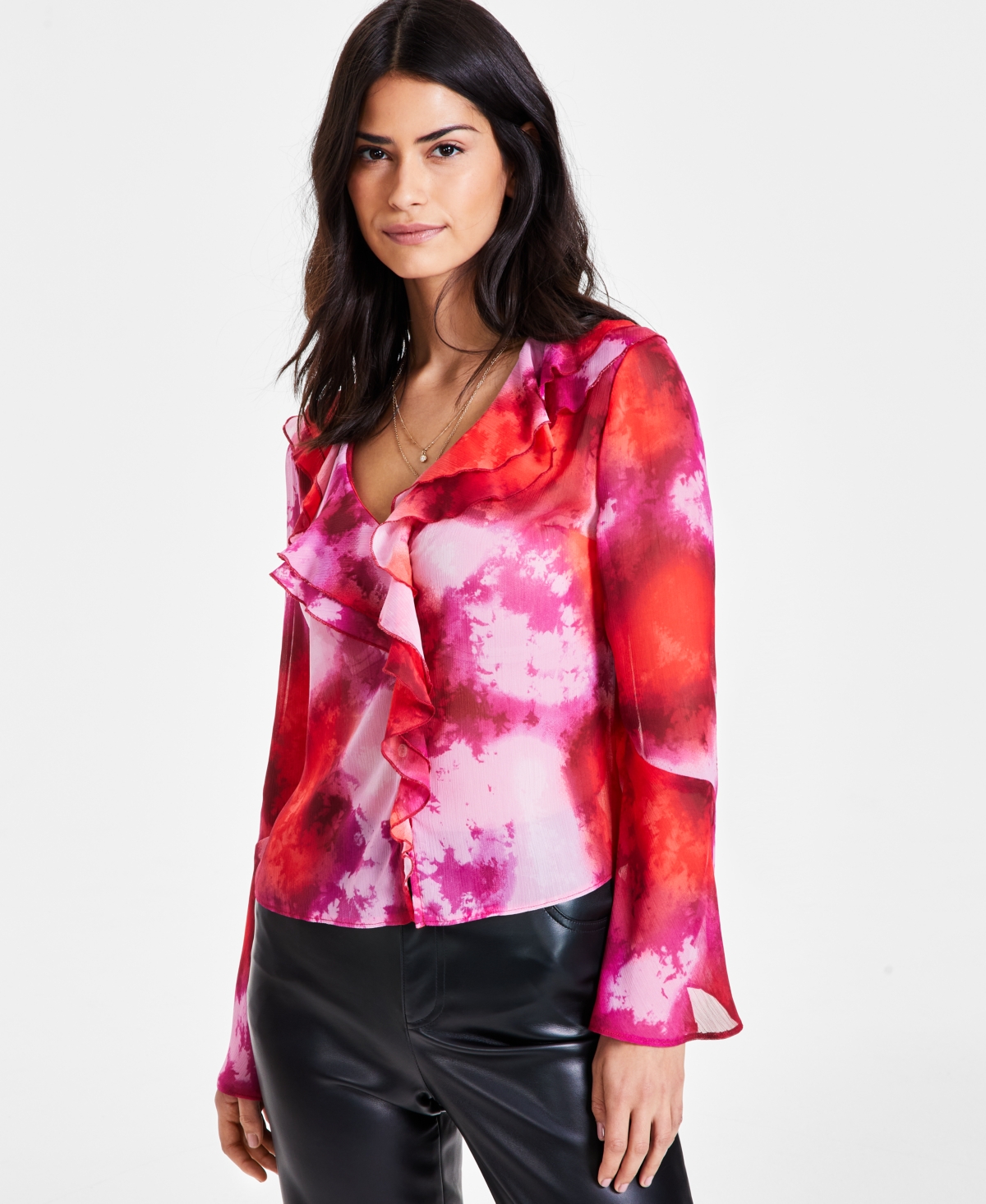 Bar Iii Women's Printed Ruffled Blouse, Created For Macy's In Ariana Dye A