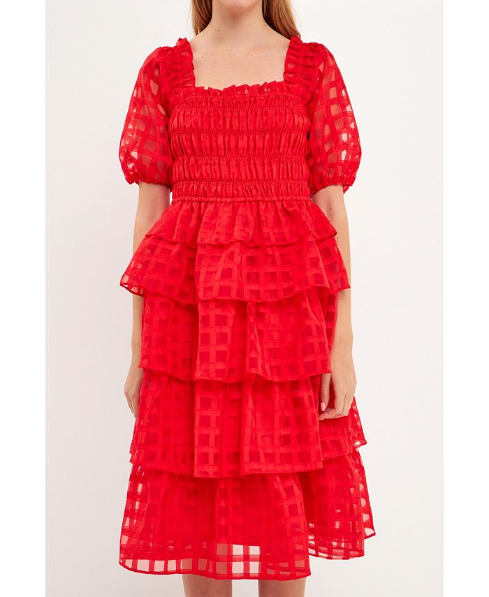 English Factory Women's Check Organza Tiered Midi Dress - Macy's
