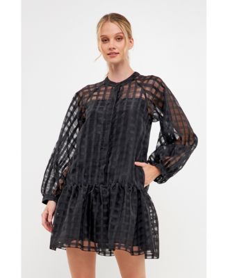Women's Check Organza Buttoned Long Sleeve Mini