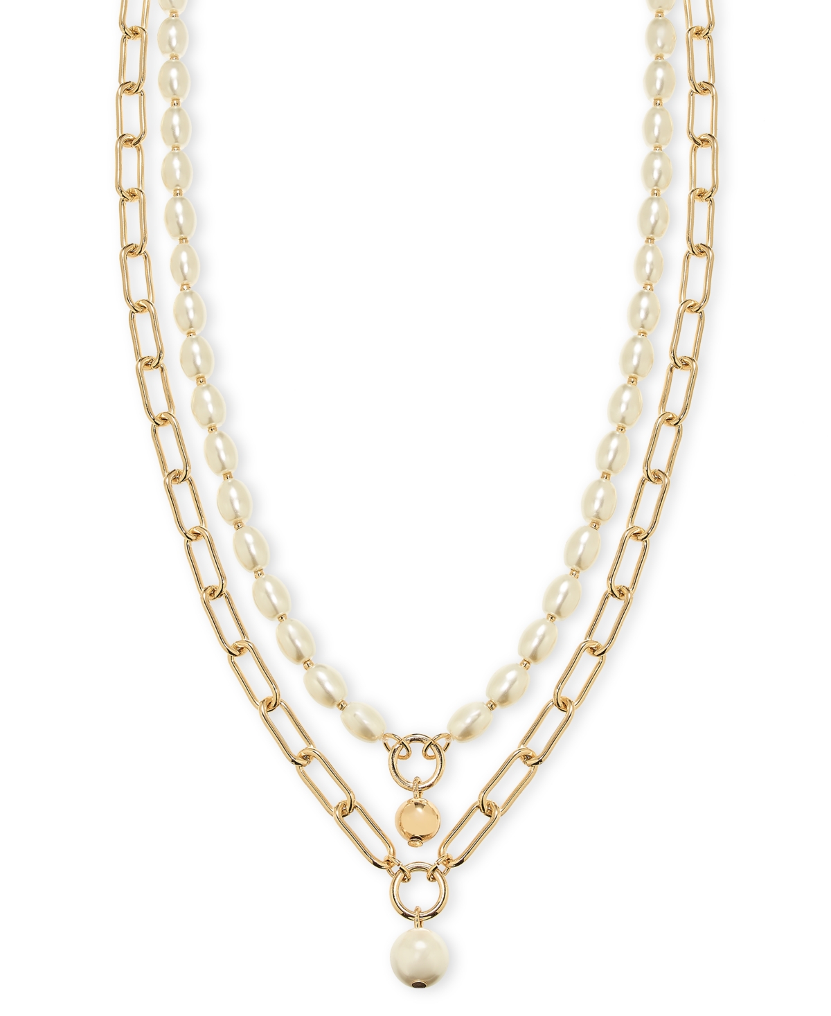 On 34th Gold-tone Chain Link & Imitation Pearl Layered Pendant Necklace, 16" + 2" Extender, Created For Macy