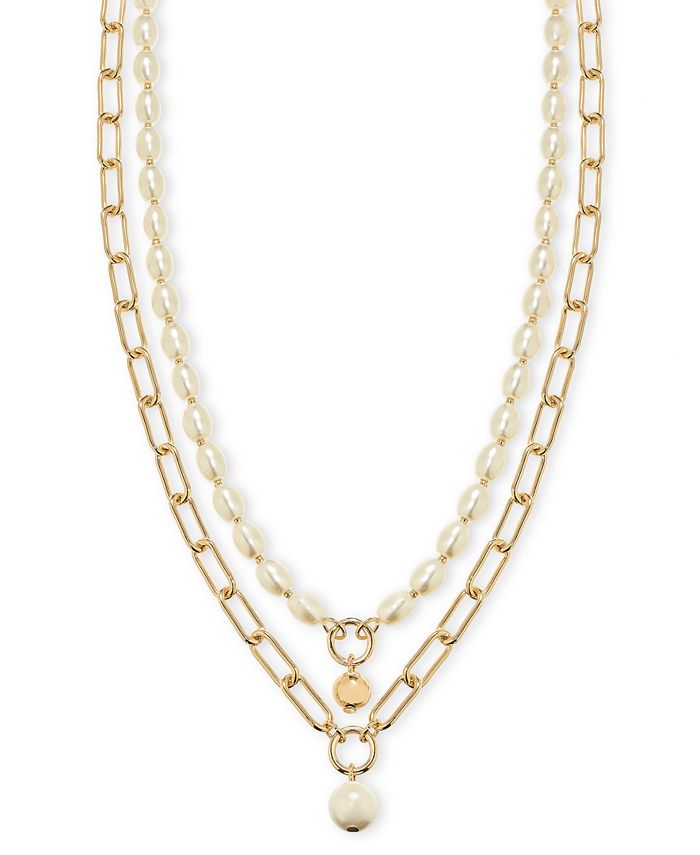On 34th Gold-Tone Chain Link & Imitation Pearl Layered Pendant