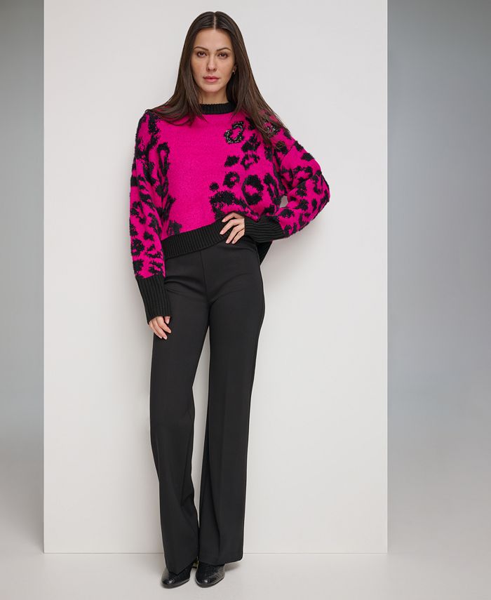 DKNY Women's Animal Pattern Textured Contrast Sweater & High-Waist Wide ...