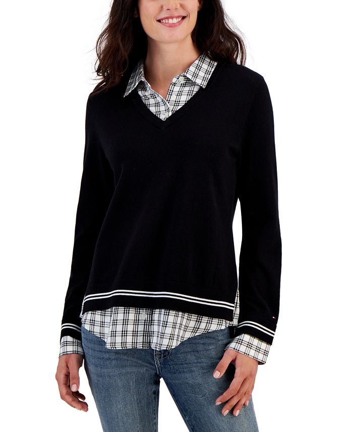 Tommy Hilfiger Women's Plaid Layered-Look Sweater - Macy's