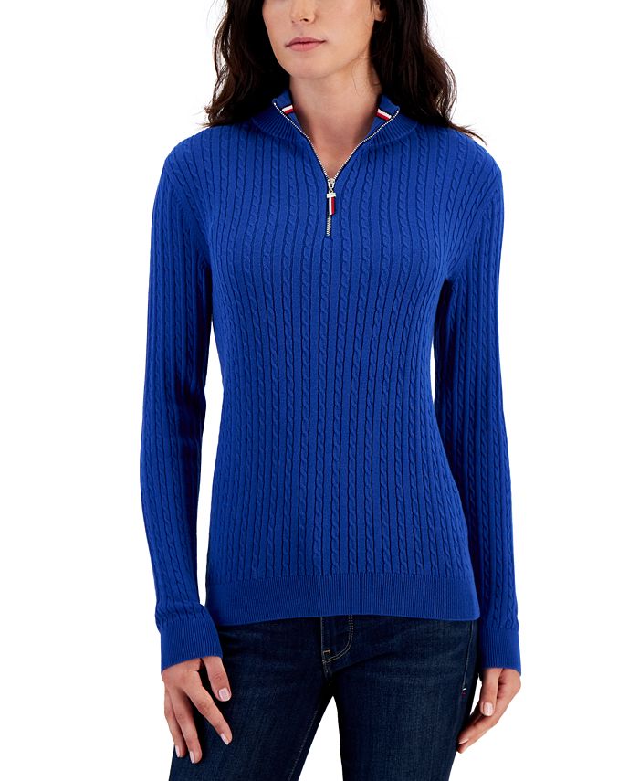 anmodning malm Elendig Tommy Hilfiger Women's Cotton Cable-Knit Quarter-Zip Sweater - Macy's
