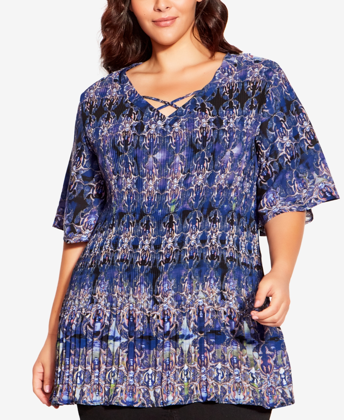 Plus Size Clairville Pleat Tunic Top - Moody Moment Border
