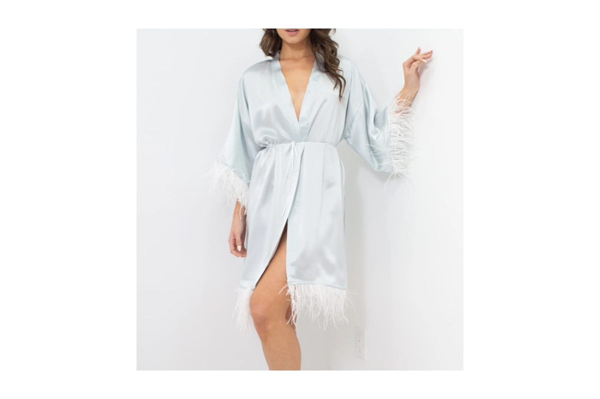Women's Silk Robe - Short - Ostrich Feather Trim Hem and Sleeve - Silk Collection - Ice blue