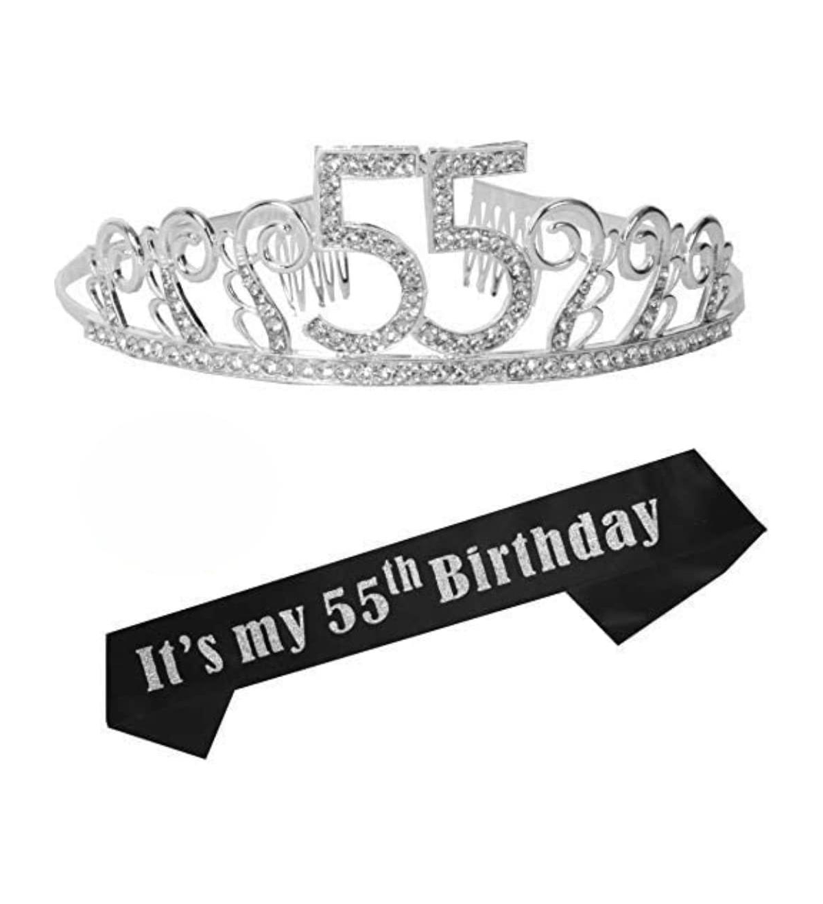 55th Birthday Sash and Tiara Set for Women - Sparkling Glitter Sash and Elegant Silver Metal Rhinestone Wave Tiara, Perfect 55th Birthday Party Access