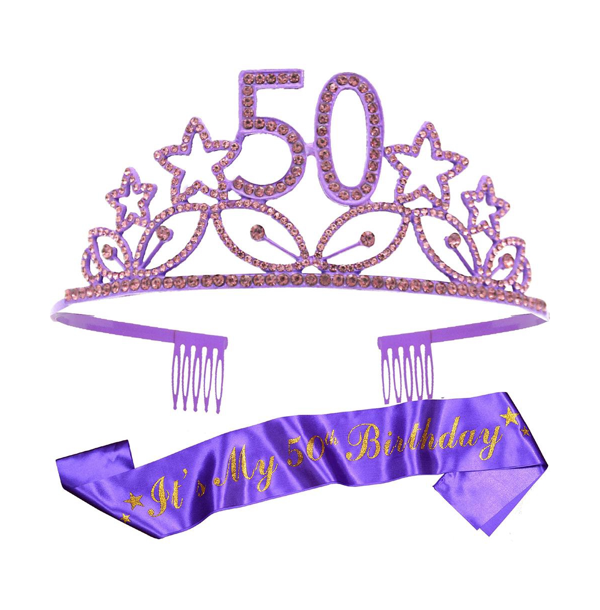 50th Birthday Gift Set for Women - Elegant Tiara and Sash in Purple - Perfect for Celebrating Milestone Birthday and Party Supplies - Purple