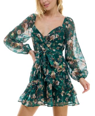 Trixxi - Juniors' Surplice-Neck Fit & Flare Foiled Ruffle Dress