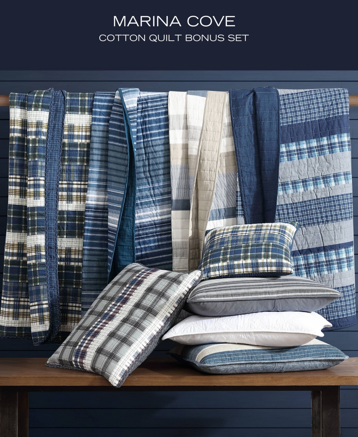 Nautica Marina Cove Cotton Reversible 4 Piece Quilt Set, - Green