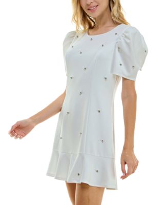 Juniors' Puff-Sleeve Rhinestone-Trim Dress