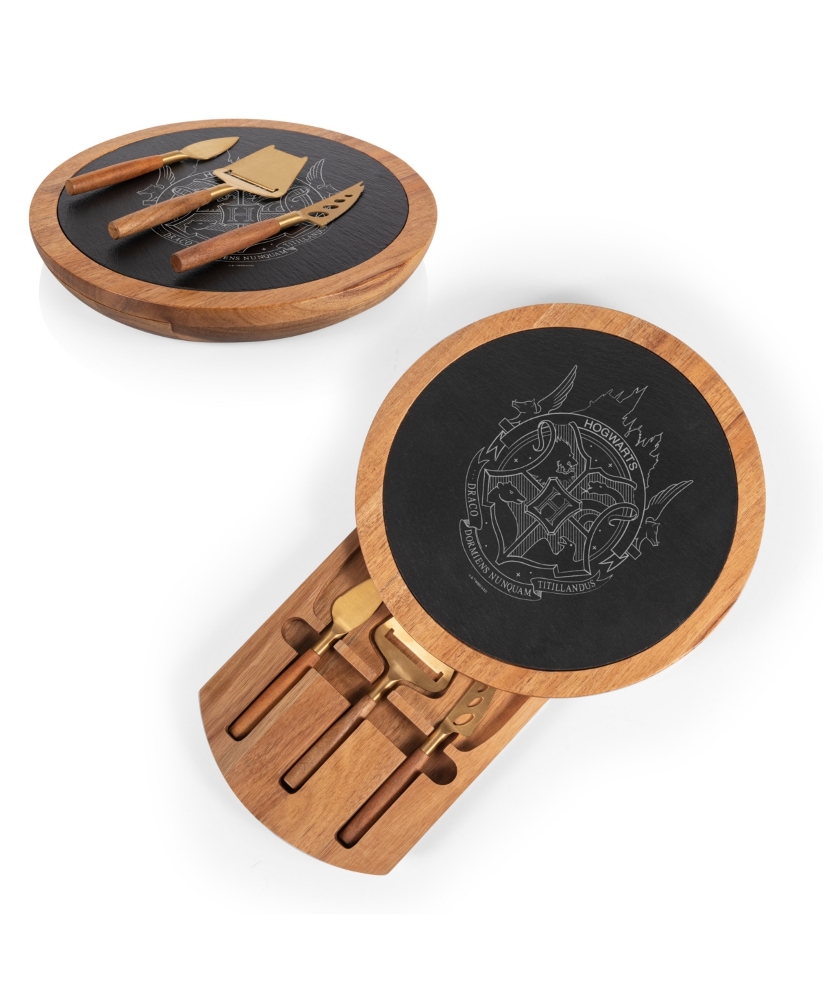 Harry Potter Hogwarts Insignia Acacia and Slate Charcuterie Board with Cheese Tools - Acacia Wood Slate Black with Gold Accent
