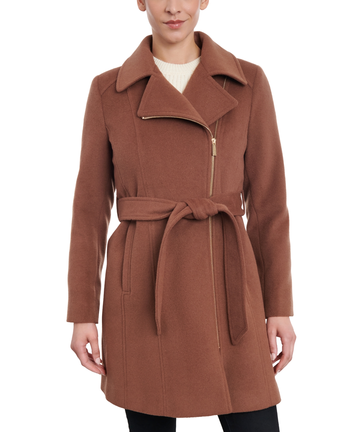 Michael Kors Michael  Women's Asymmetric Wool Blend Wrap Coat In Luggage