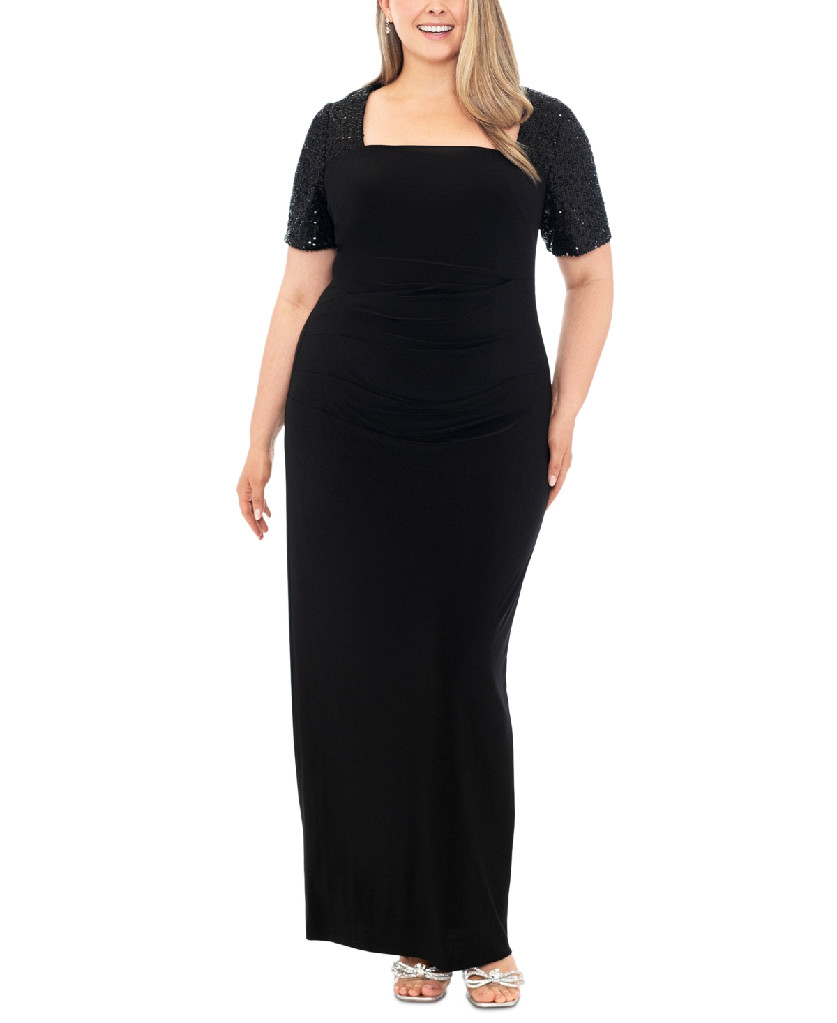 Betsy & Adam Plus Size Square-neck Sequin-sleeve Dress In Black