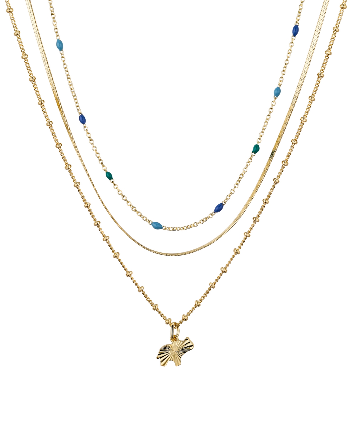 Unwritten 14k Gold Plated Elephant And Blue Enamel Beads Layered Necklace Set, 3 Pieces
