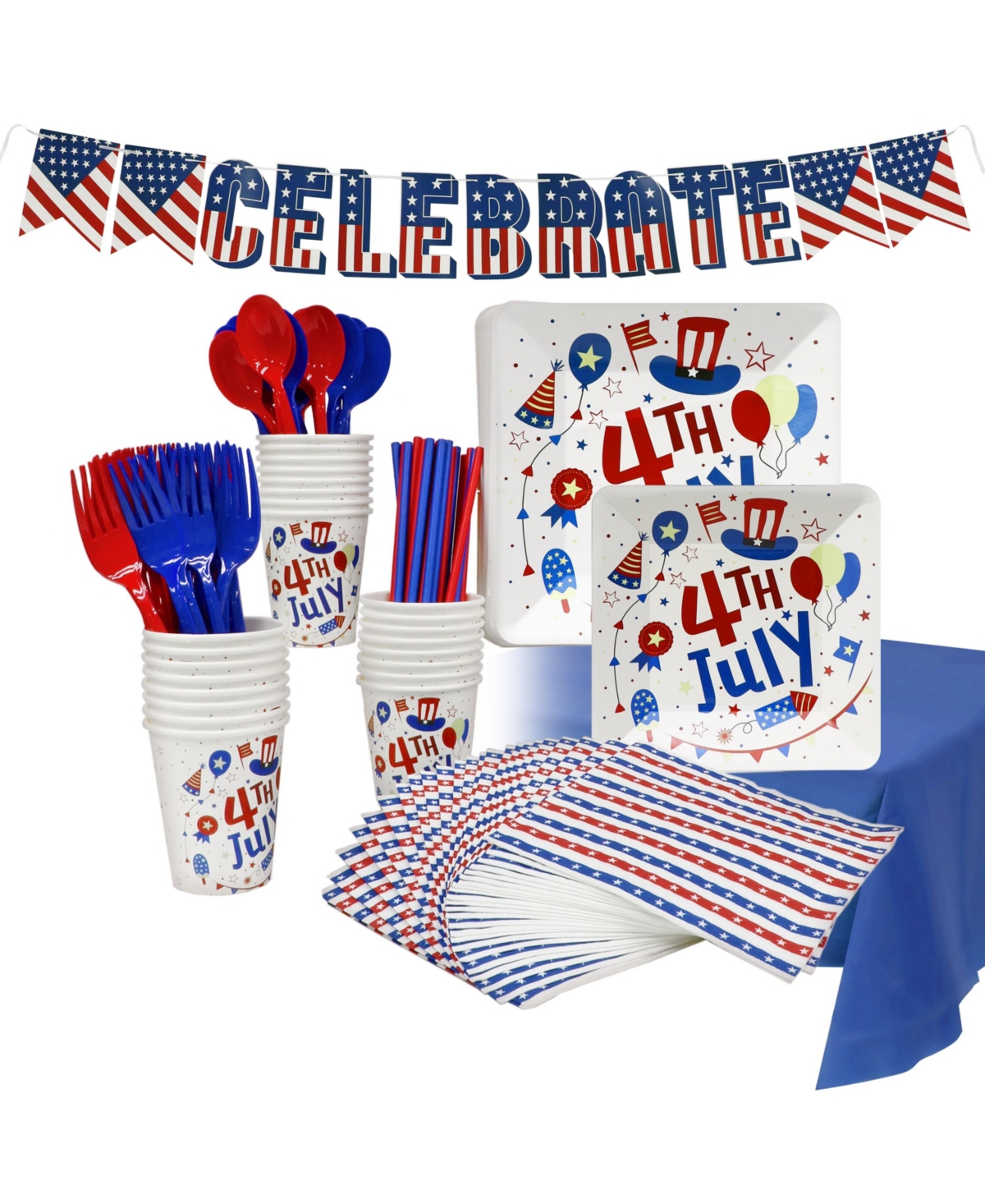 Puleo Disposable 4th Of July Party Set, Serves 24, With Large And Small Paper Plates, Paper Cups, Straws, In Red,white And Blue