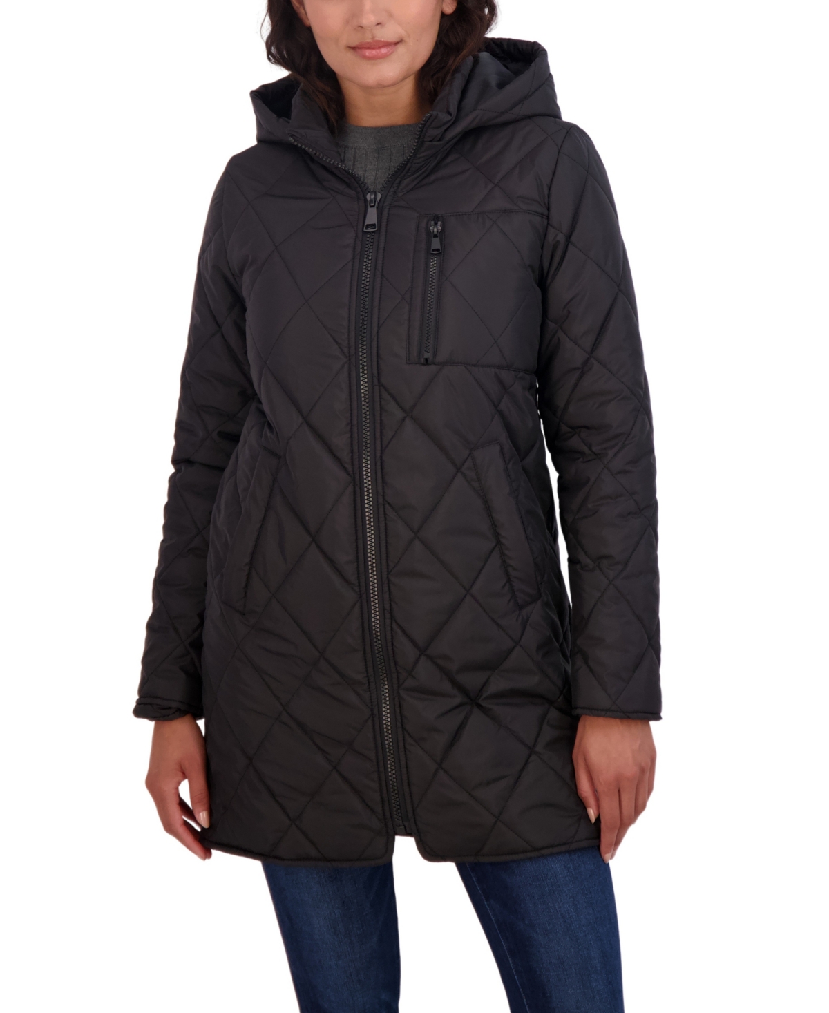 Juniors' 3/4 Quilted Jacket with Hood - Black