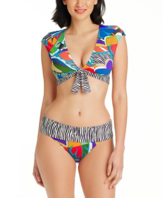 Bleu By Rod Beattie Womens The Mix Tie Front Cap Sleeve Cropped Bikini Top Fold Over Bikini Bottoms In Multi