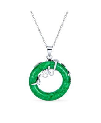 Asian Style Jade Dragon Pendant Necklace Sterling Silver 18 Inch Red & Green Disc