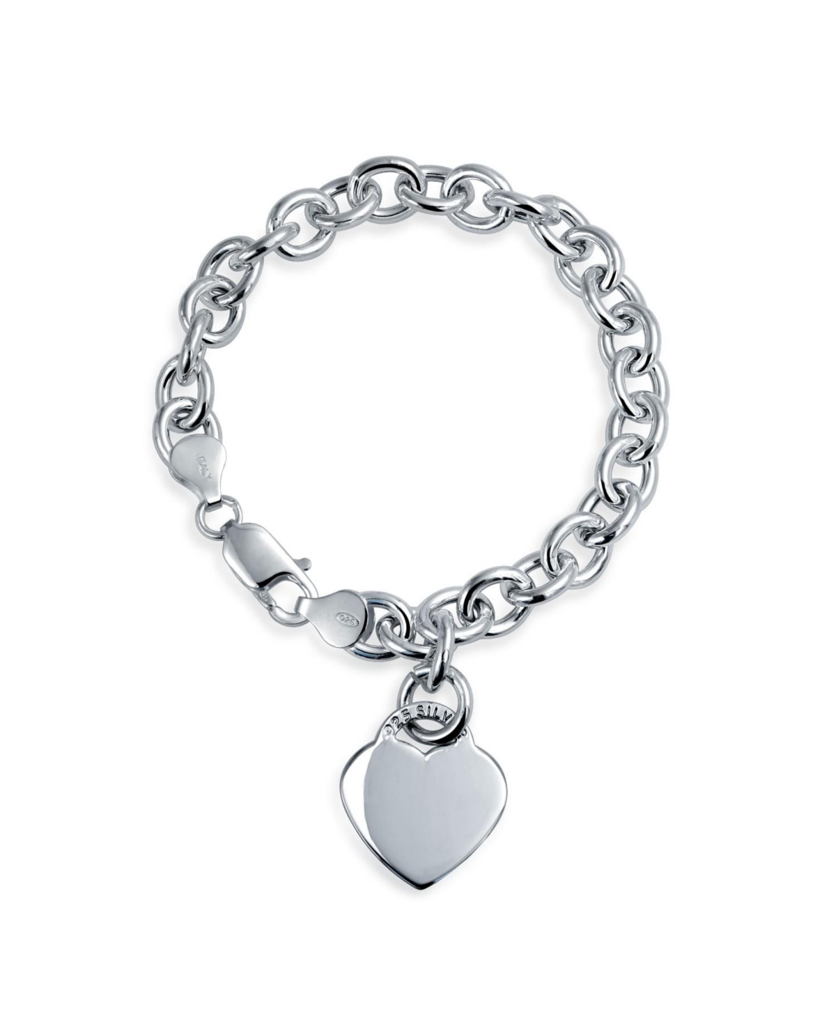 Bling Jewelry Solid Link Heart Shape Tag Charm Bracelet 7.5 Inch For Women  Teens .925 Sterling Silver Made in Italy - Silver | Smart Closet