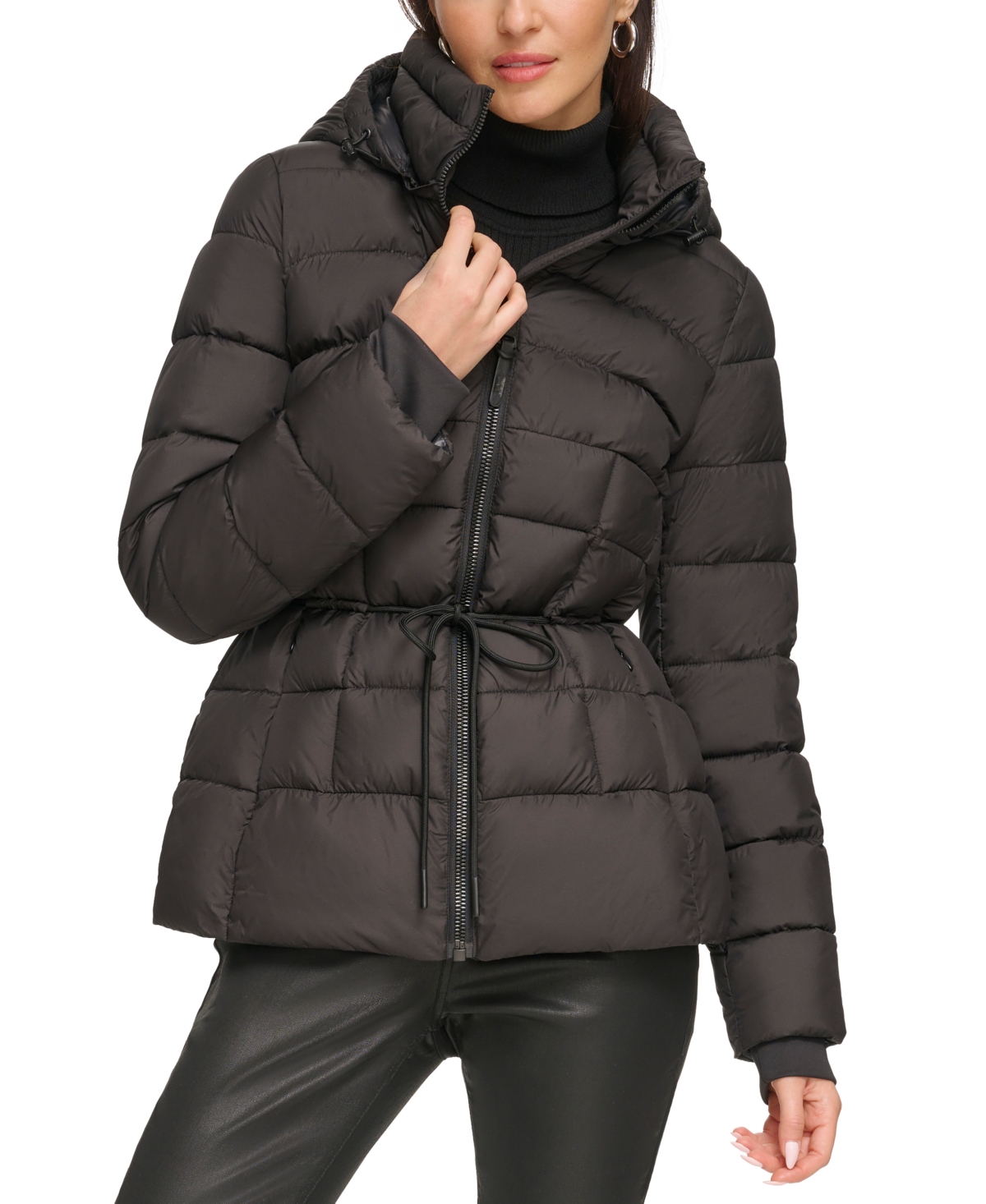 Dkny Women's Rope Belted Hooded Puffer Coat, Created For Macy's In Black