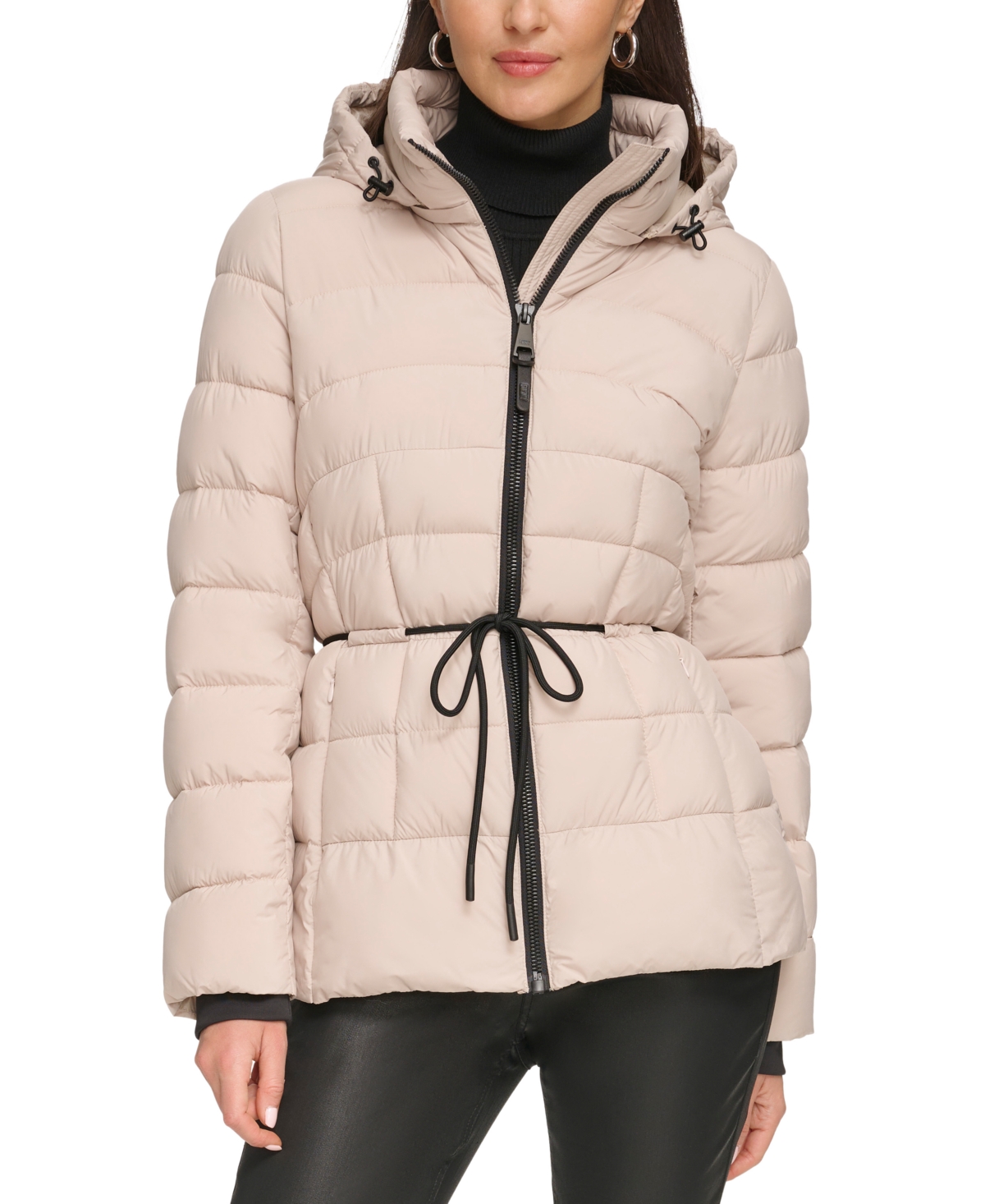 Dkny Women's Rope Belted Hooded Puffer Coat, Created For Macy's In Pebble