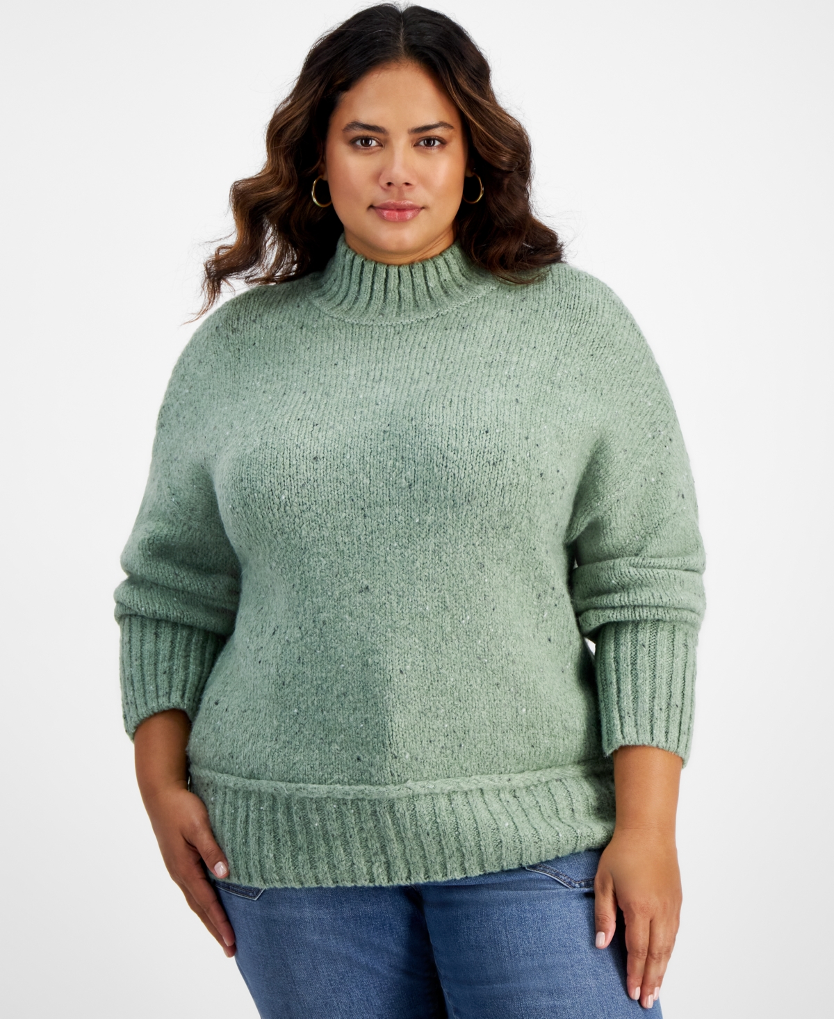 And Now This Trendy Plus Size Ribbed-trim Mock Neck Sweater In Green Speckle