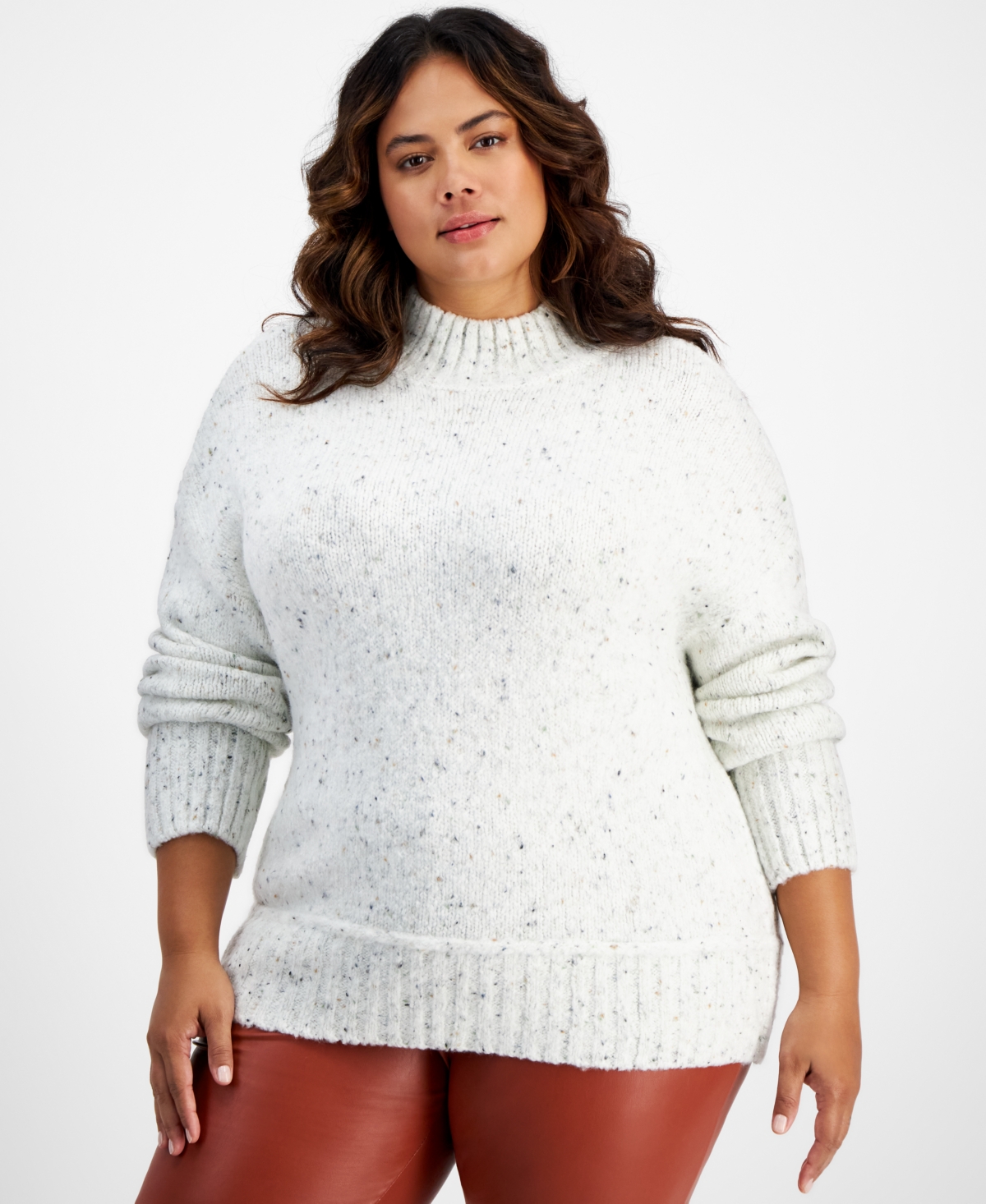 And Now This Trendy Plus Size Ribbed-trim Mock Neck Sweater In Ivory Speckle