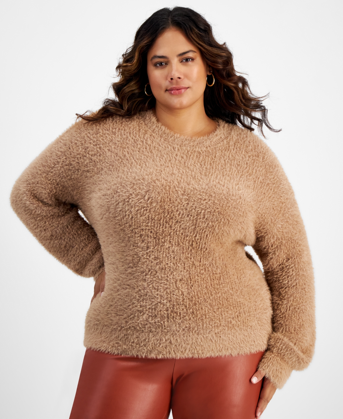And Now This Trendy Plus Size Eyelash Crew Neck Sweater In Almond