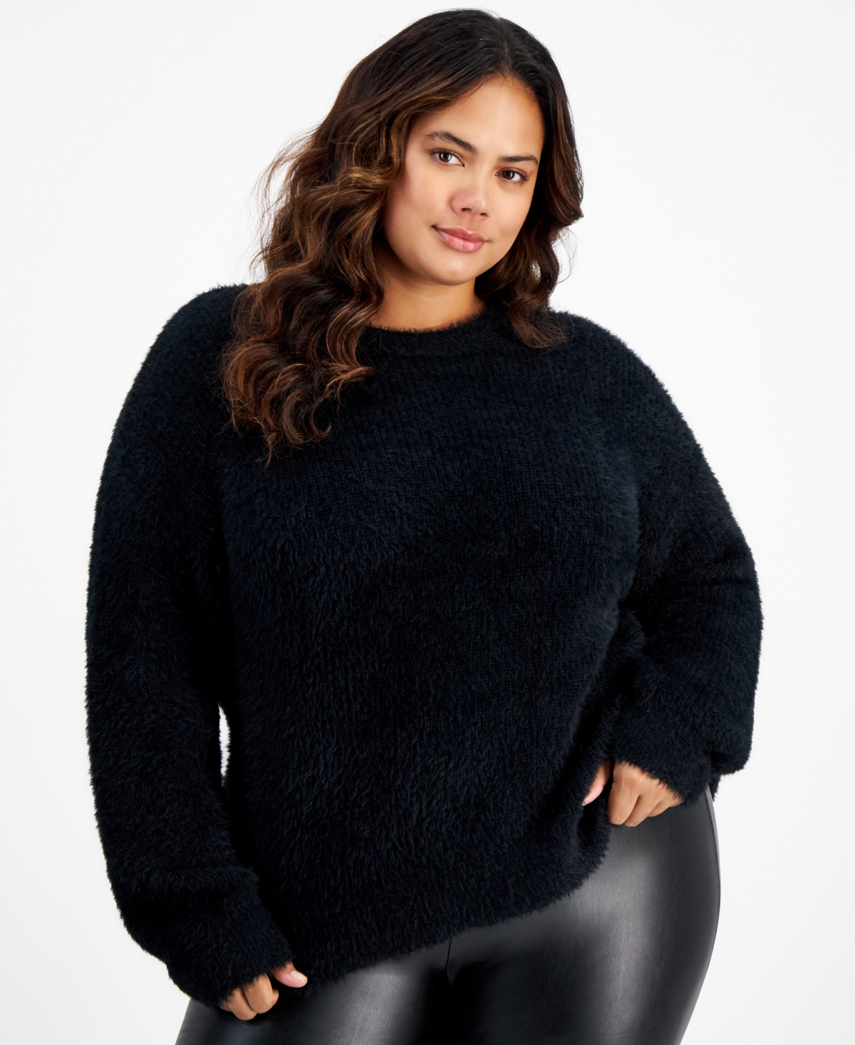 Shop And Now This Trendy Plus Size Eyelash Crew Neck Sweater In Black