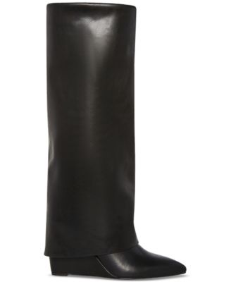 Evander Wide-Calf Fold-Over Cuffed Knee High Wedge Dress Boots