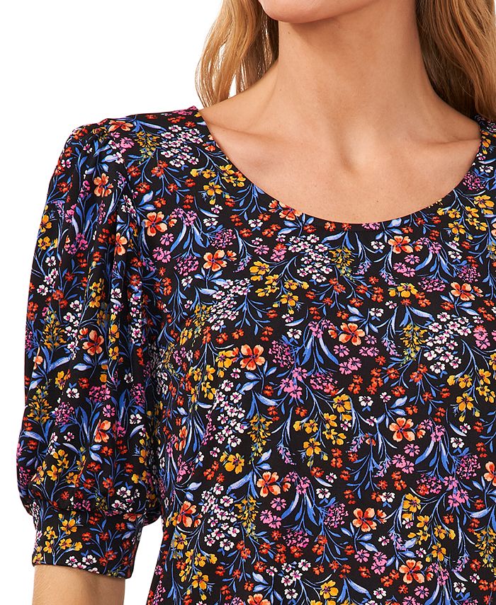 Cece Womens Floral Print 34 Sleeve Scoop Neck Knit Top Macys 