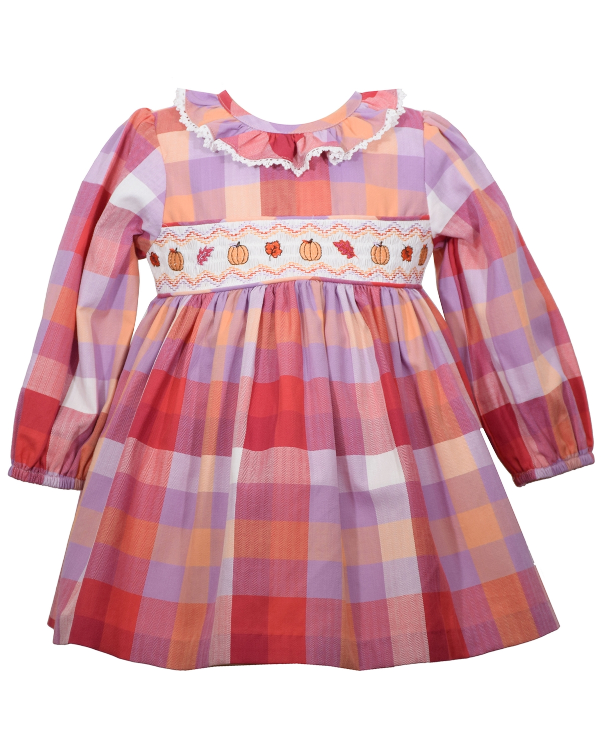 Bonnie Baby Baby Girls Yarn Dyed Harvest Motif Smocked Insert And Pier Rot Collar Long Sleeves Plaid Dress In Multi