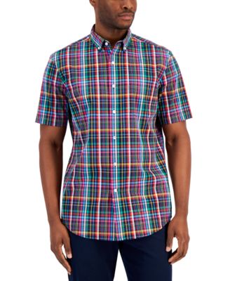 Club Room - Men's Plaid Poplin Button-Down Short Sleeve Shirt