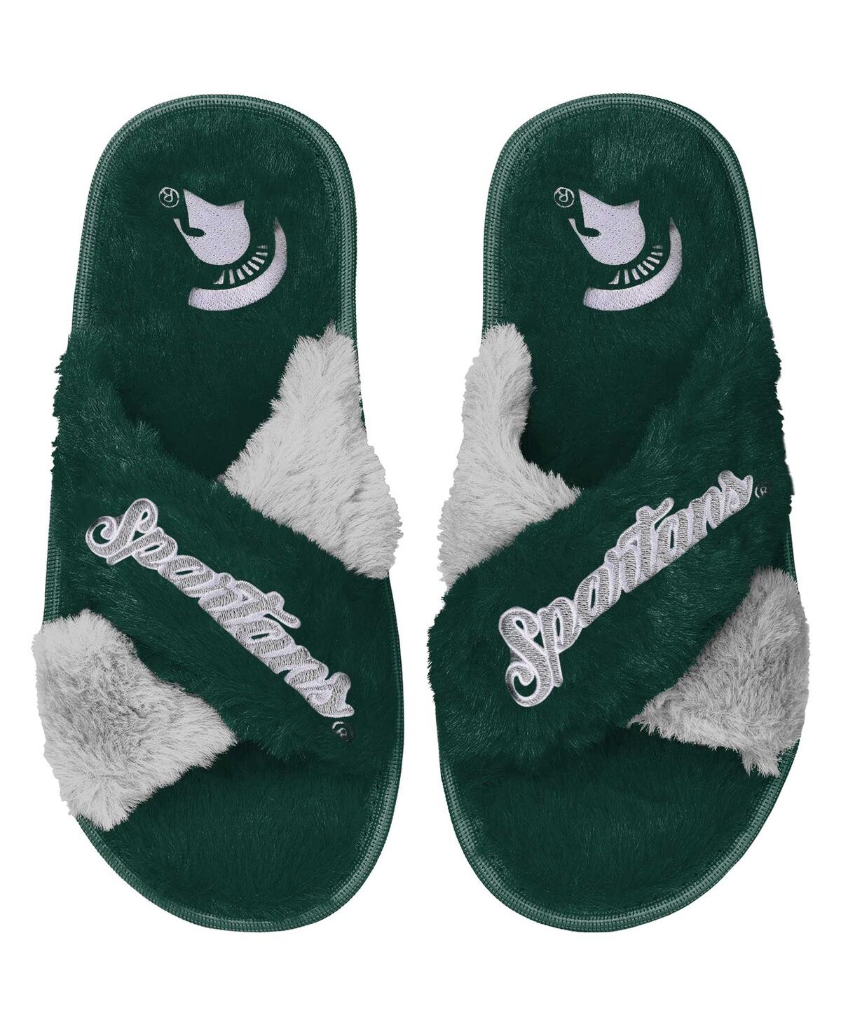 Foco Women's  Green Michigan State Spartans Two-tone Crossover Faux Fur Slide Slippers