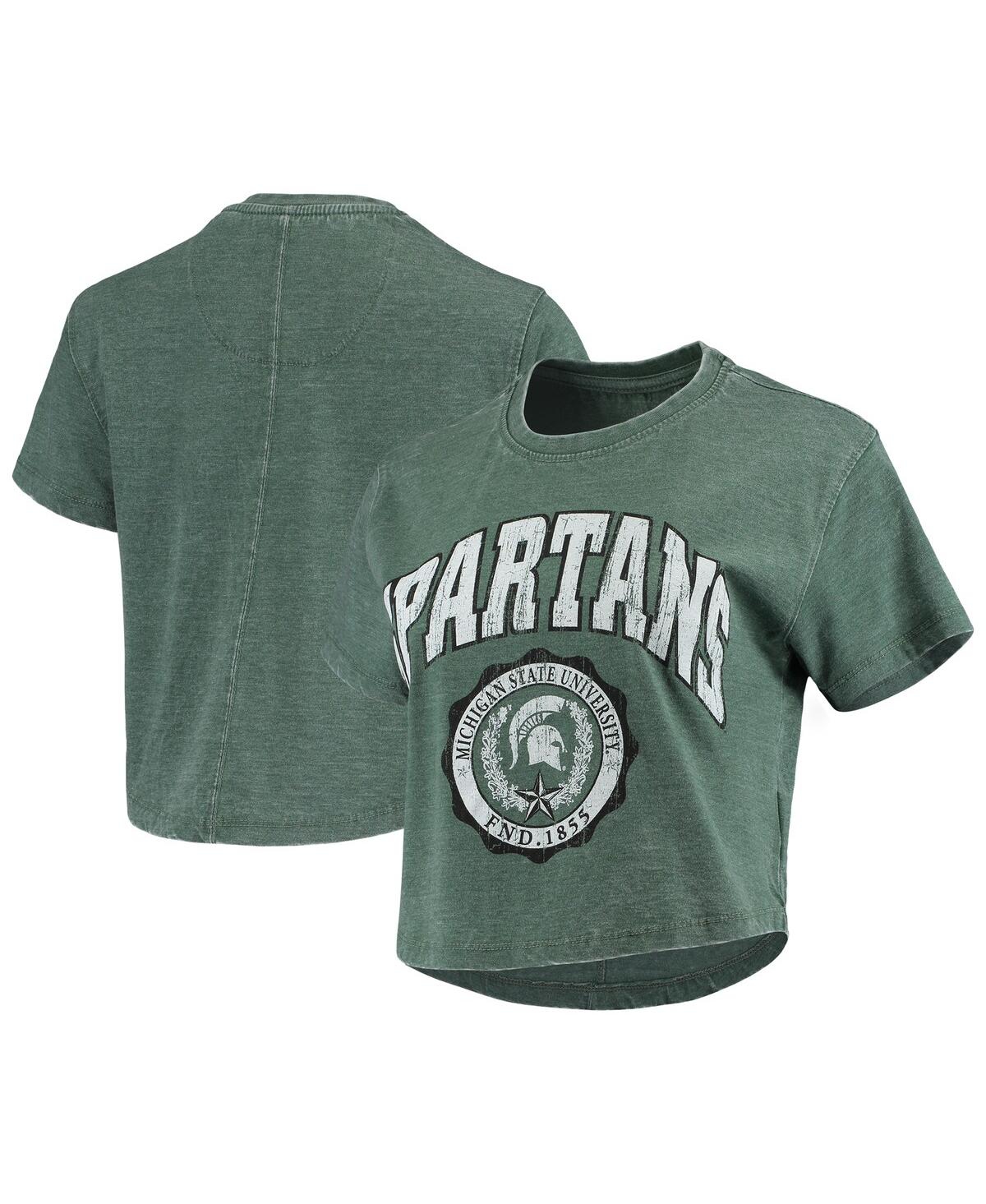 PRESSBOX WOMEN'S PRESSBOX GREEN MICHIGAN STATE SPARTANS EDITH VINTAGE-LIKE BURNOUT CROP T-SHIRT 