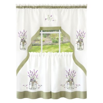 Montauk Accents Lavender Floral Embellished Complete 3 Piece Kitchen Curtain Tier & Valance Set