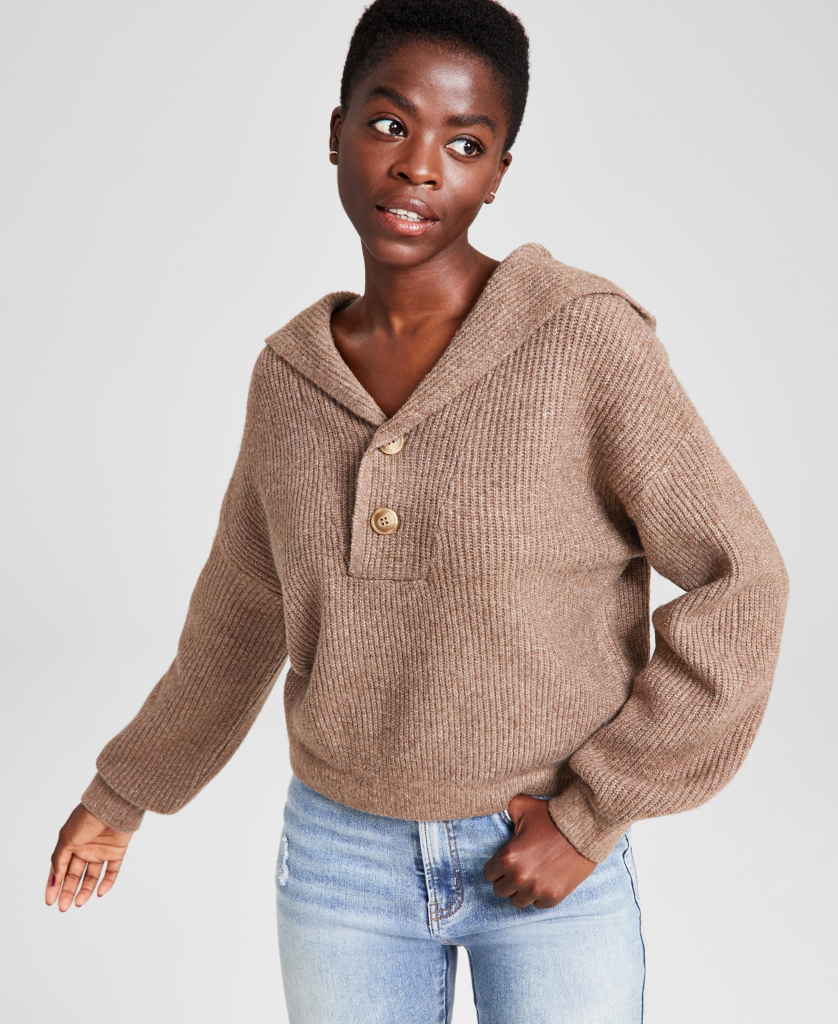 And Now This Women's Button-front Hooded Sweater, Created For Macy's In Brown As Is