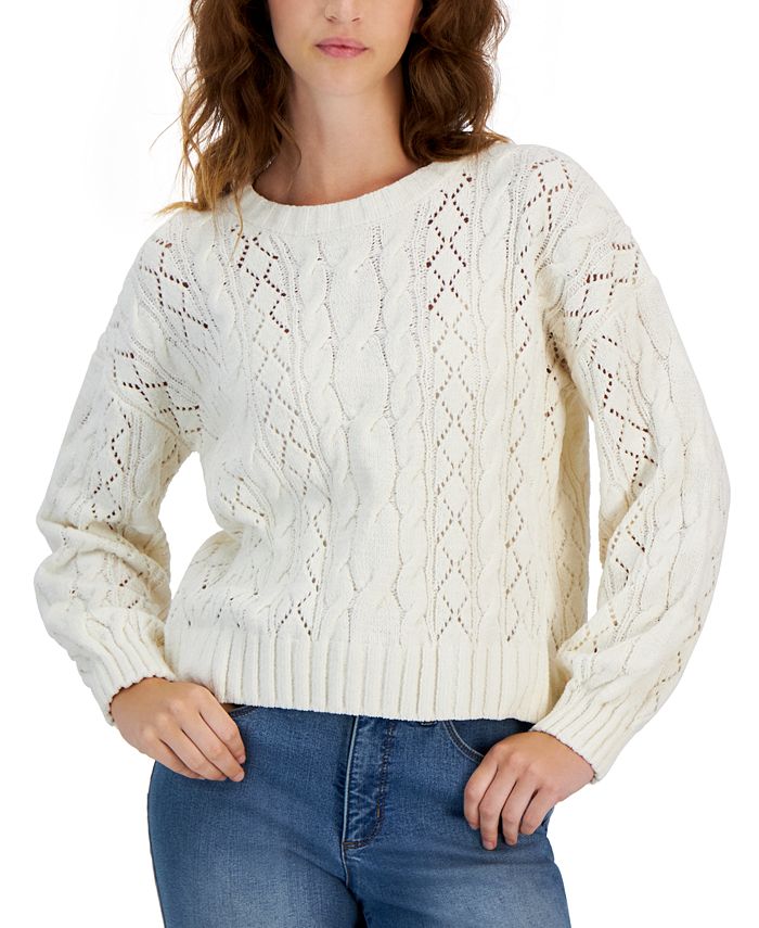 Hippie Rose Juniors' Crewneck Cozy Chenille Cable-Knit Sweater - Macy's