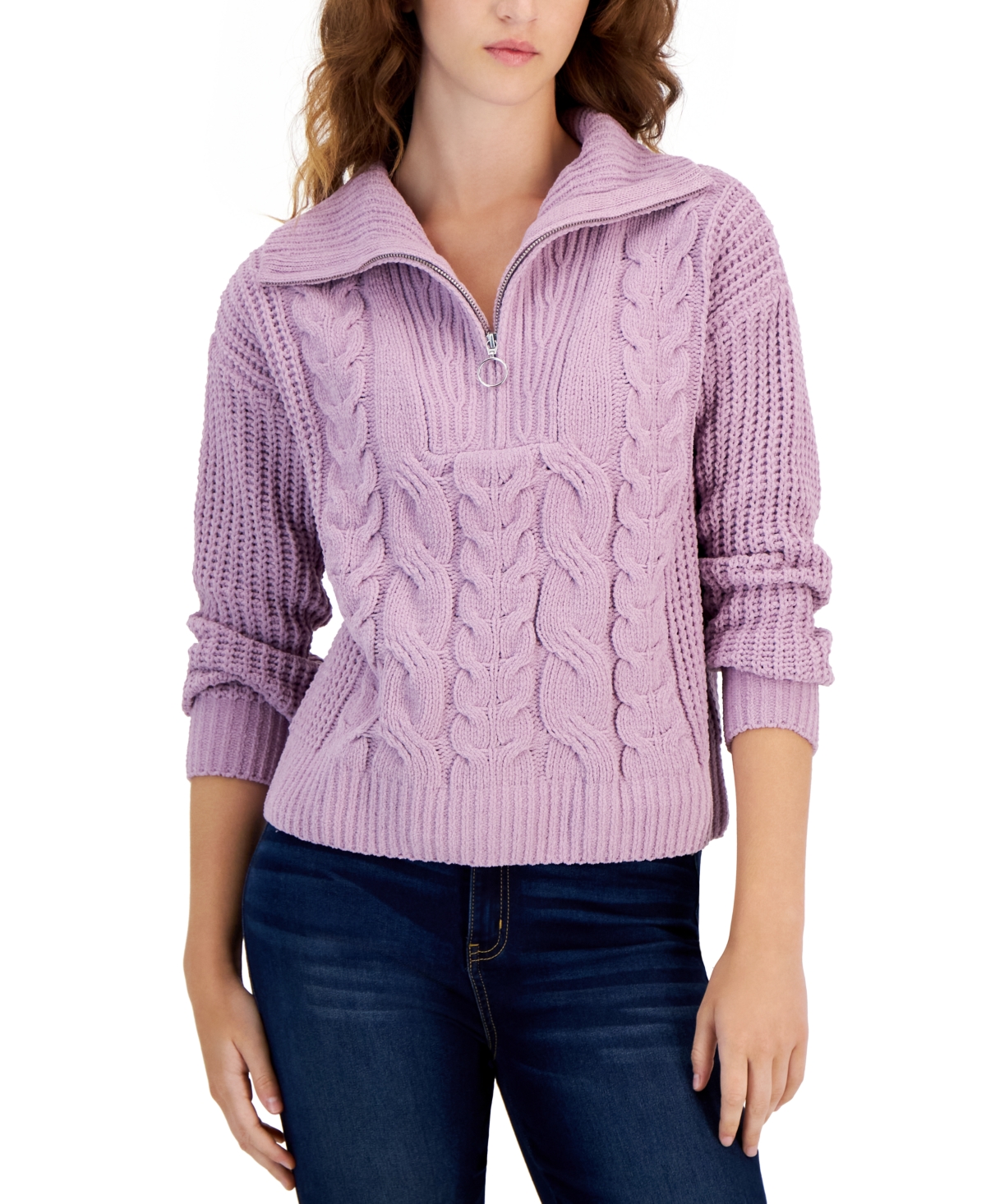 Juniors' Chenille Collared Quarter-Zip Cable-Knit Sweater - Lilac Moon
