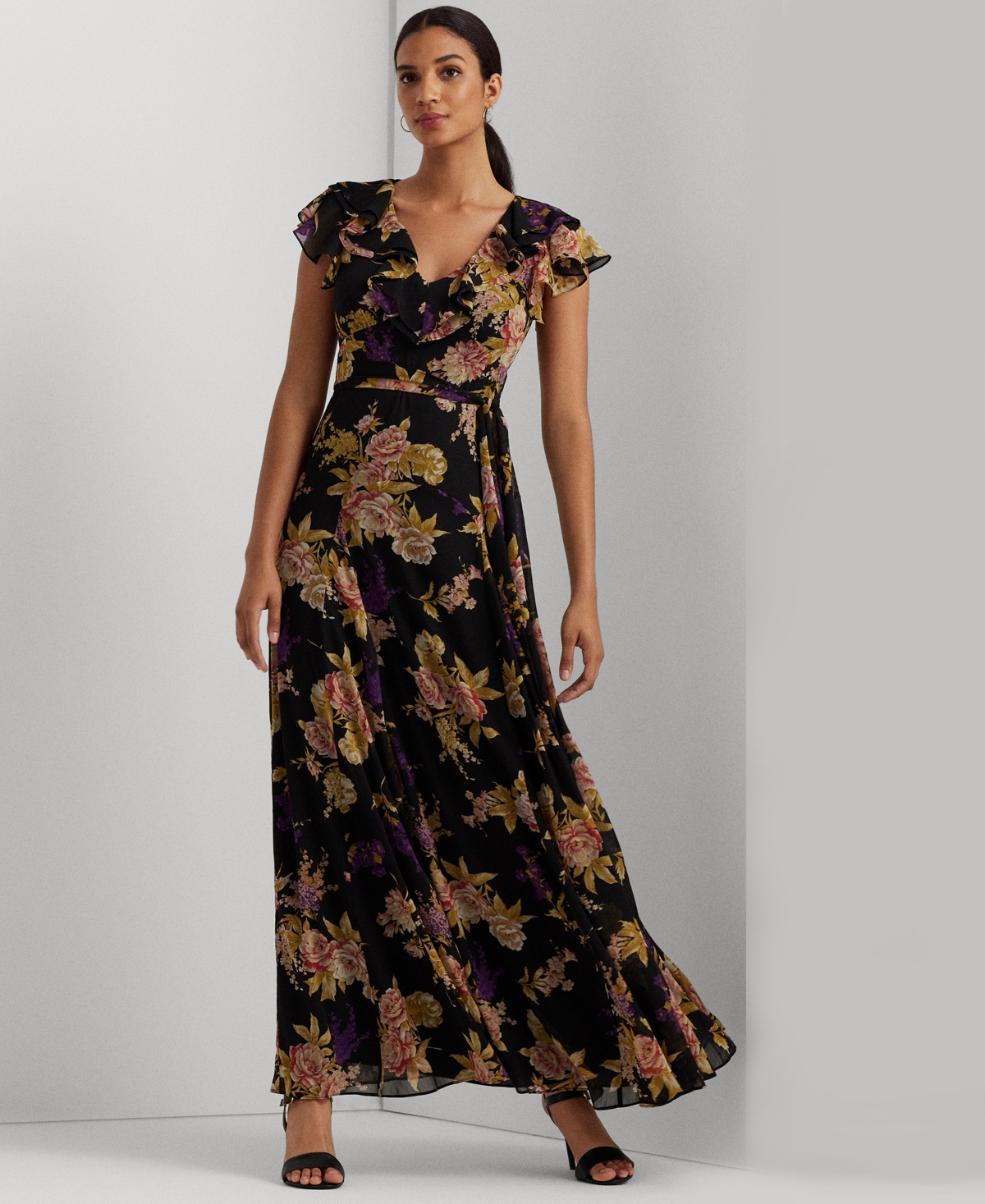Lauren Ralph Lauren Floral Belted Crinkle Georgette Gown In Black/tan/multi