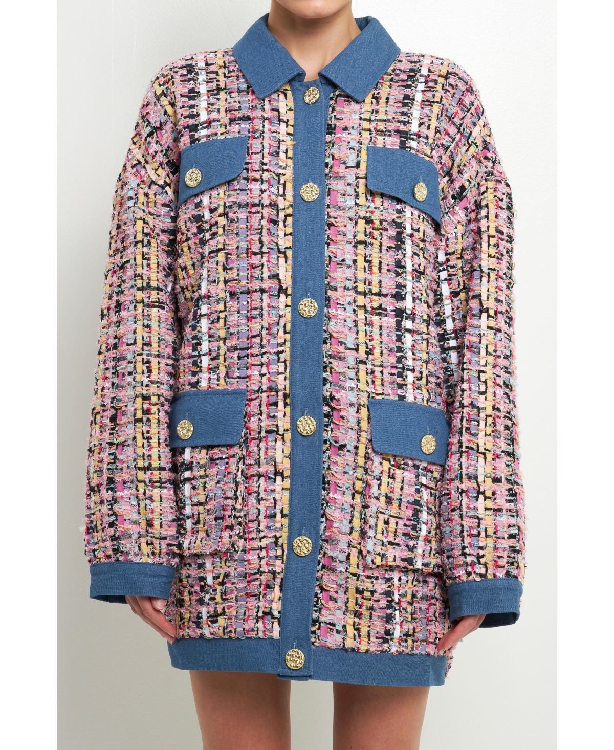 ENDLESS ROSE WOMEN'S TWEED & DENIM COMBO JACKET