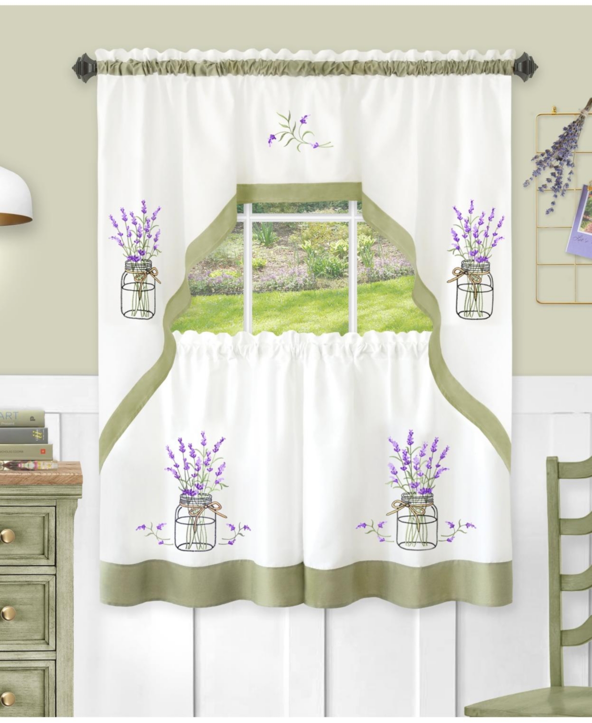 Montauk Accents Lavender Floral Embellished Complete 3 Piece Kitchen Curtain Tier & Valance Set - Beige