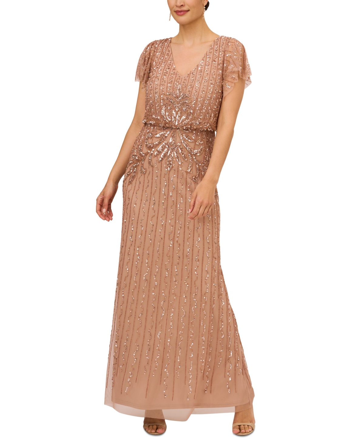 1920s Style Dresses, 1920s Dress Fashions You Will Love Adrianna Papell Womens Beaded Flutter-Sleeve Gown - Rose Gold $249.00 AT vintagedancer.com